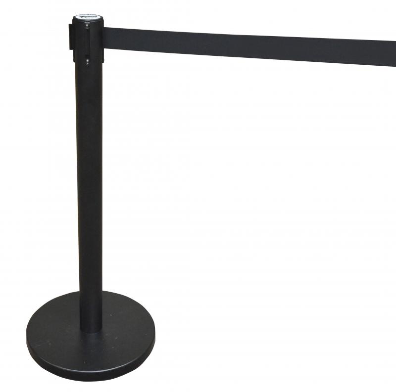 Black-Painted Steel Crowd Control System with Black Rectractable Belt Barrier